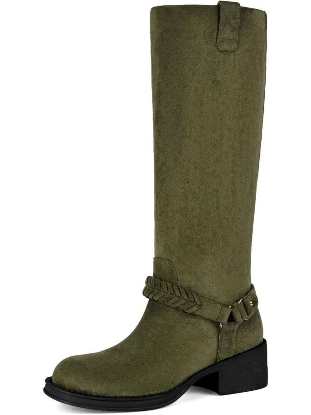Women's Green Comfortable Chunky Block Braided Strap Low Heel Knee High Boots